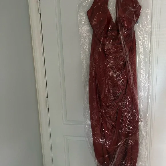 Charmeuse halter bridesmaid dress - color is Cinnamon - Picture 3 of 5